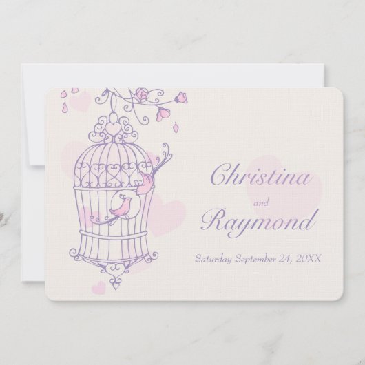 Lila Rosa Vögel öffnen Käfig Hochzeitseinladung Einladung (Vorderseite)