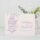Lila Rosa Vögel öffnen Käfig Hochzeitseinladung Einladung (Stehend Vorderseite)