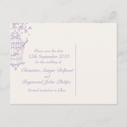 Lila Rosa Vogelkäfig Hochzeit speichern Sie die Da Ankündigungspostkarte (Rückseite)
