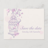 Lila Rosa Vogelkäfig Hochzeit speichern Sie die Da Ankündigungspostkarte (Vorderseite)