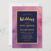 Lila Rosa Wasserfarbe & Imitats Goldhochzeit Einladung (Vorderseite)