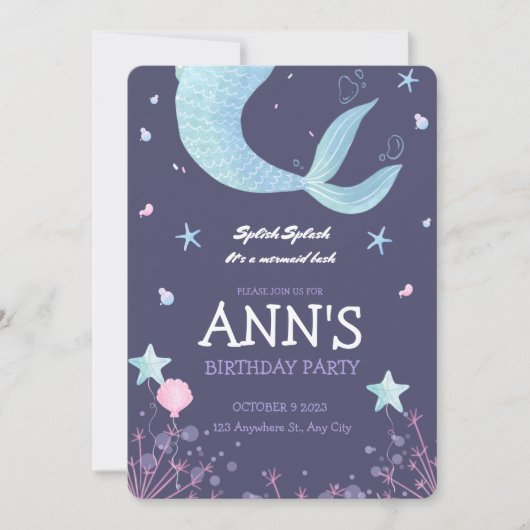 Lila rosa Wasserfarbe Meerjungfrau Kindergeburtsta Einladung (Vorderseite)