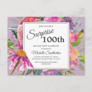 Lila Rosa Wasserfarben Blumen 100. Geburtstag Postkarte