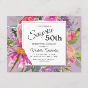 Lila Rosa Wasserfarben-Blumen 50. Geburtstag Postkarte
