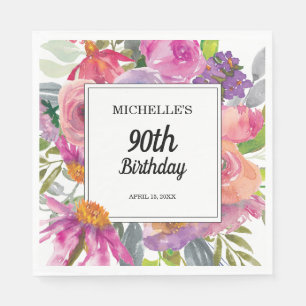 Lila Rosa Wasserfarben Blumen 90. Geburtstag Serviette