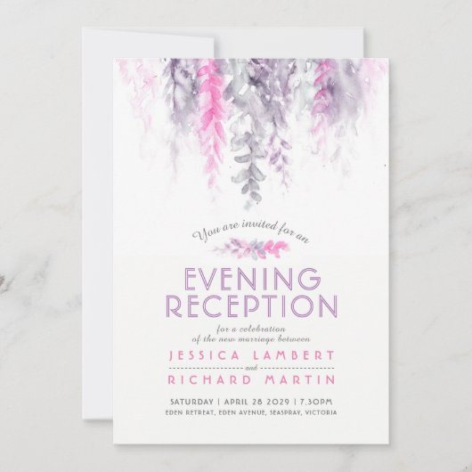 Lila rosa Watercolor-Abend Empfang Einladung (Vorderseite)