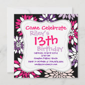 Lila Rosa Weiße Blume Schwarz Einladung (Vorderseite)