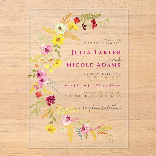 Lila Rosa-Wild-Orchideen-Blume-Wreath-Hochzeit Acryleinladungen (Vorderseite)