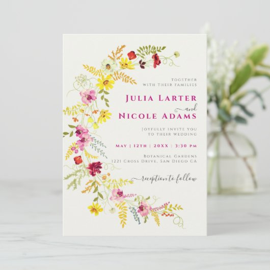 Lila Rosa-Wild-Orchideen-Blume-Wreath-Hochzeit Einladung (Stehend Vorderseite)