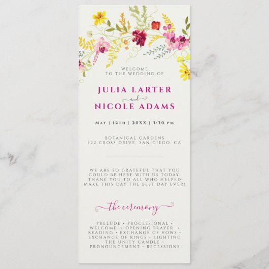 Lila Rosa-Wild-Orchideen-Blume-Wreath-Hochzeit Programm (Vorderseite)