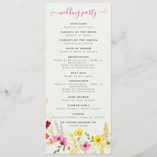 Lila Rosa-Wild-Orchideen-Blume-Wreath-Hochzeit Programm (Rückseite)