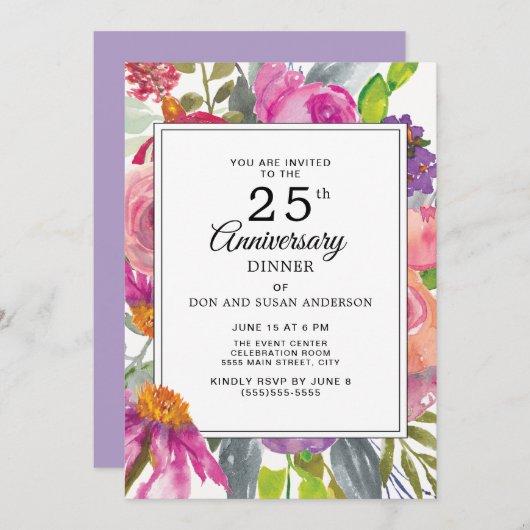 Lila rosa Wildblumen 25. Hochzeitstag Einladung (Vorne/Hinten)