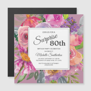 Lila Rosa Wildblumen Quadratische 80. Geburtstagsf Magneteinladung