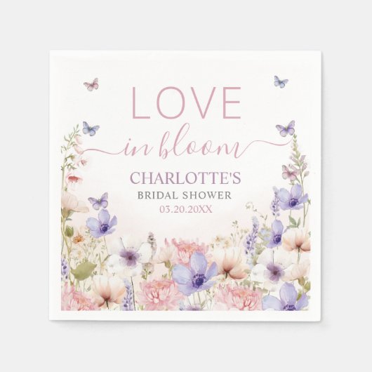 Lila Rosa Wildblumen Schmetterlinge Liebe in Blüte Serviette (Vorderseite)