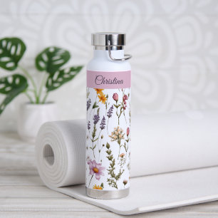 Lila rosa Wildblumen-Wasserfarbe-Monogramm-Name Trinkflasche