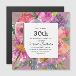 Lila Rosa Wilde Blume 30. Geburtstagsfeier Quadrat Magneteinladung
