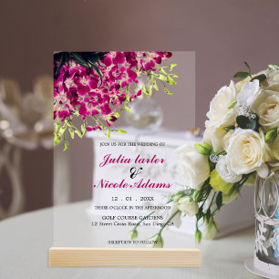 Lila Rosa Wilde Orchideen-Blumenkranz Hochzeit Acryleinladungen