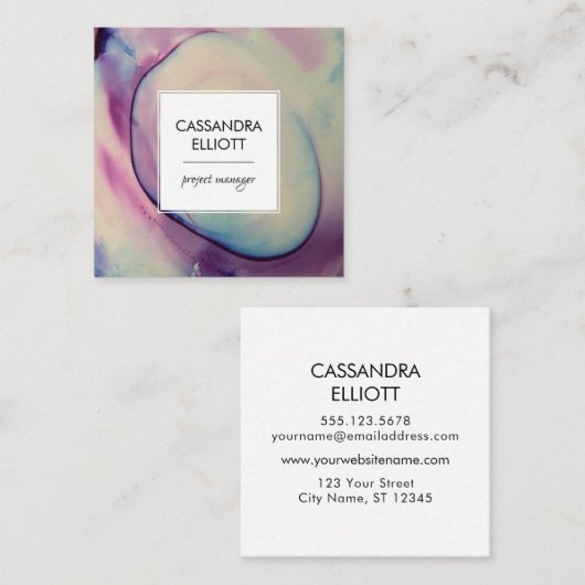 Lila, rosafarbene und blaue Alkoholtupfer Flüssigk Quadratische Visitenkarte (Vorne/Hinten)