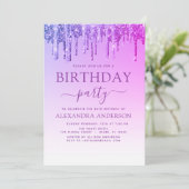 Lila rosafarbener Glitzer jeden Geburtstag Einladung (Stehend Vorderseite)