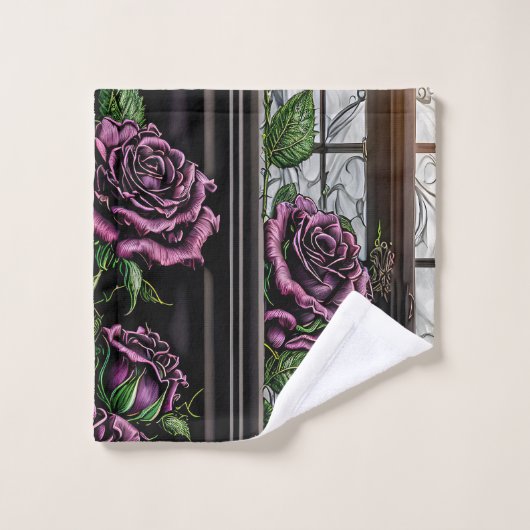 Lila Rose am Fenster - gotischer Stil Badhandtuch Set (Waschlappen)