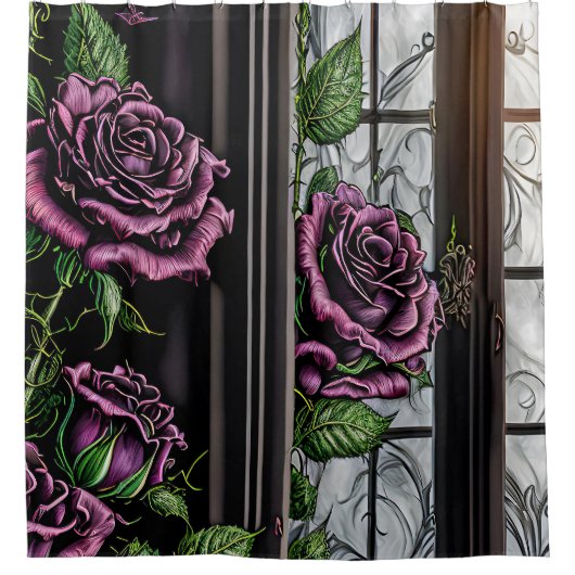Lila Rose am Fenster - gotischer Stil Duschvorhang (Vorderseite)
