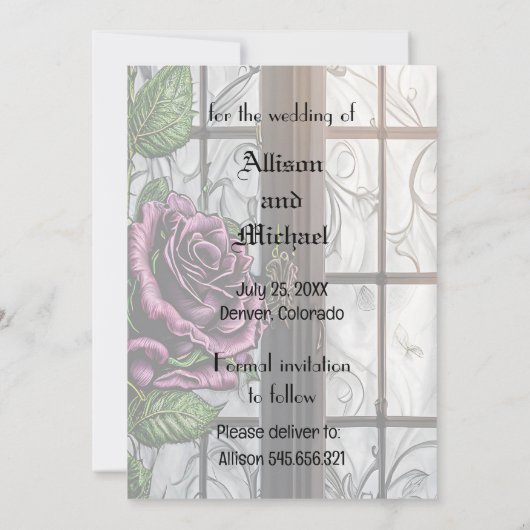 Lila Rose am Fenster - gotischer Stil Save The Date (Rückseite)