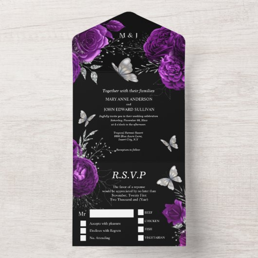 Lila Rose aus schwarzem Silber All In One Einladung (Innen)