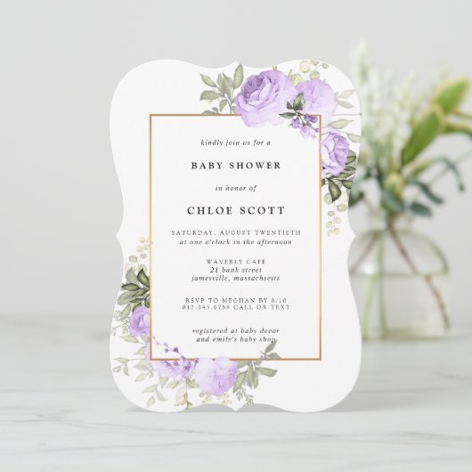 Lila Rose Blumendusche Einladung (Stehend Vorderseite)