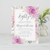 Lila Rose Blumengoldrahmen 80. Geburtstag Einladung (Stehend Vorderseite)