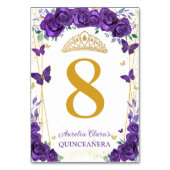 Lila Rose Blumenschmetterlinge Gold Quinceañera Tischnummer (Rückseite)