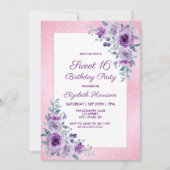 Lila Rose Blumenstrauß Glitzer Rosa 16. Geburtstag Einladung (Vorderseite)