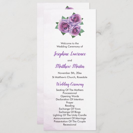 Lila Rose Bouquet Hochzeitsfeier Programm (Vorne/Hinten)