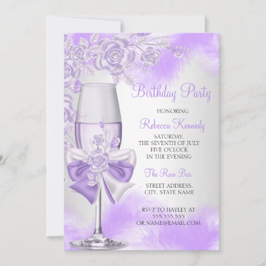 Lila Rose Champagne Weißes Party Einladung (Vorderseite)