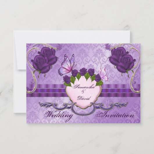 Lila Rose Damask Hochzeitskarte Einladung (Vorderseite)