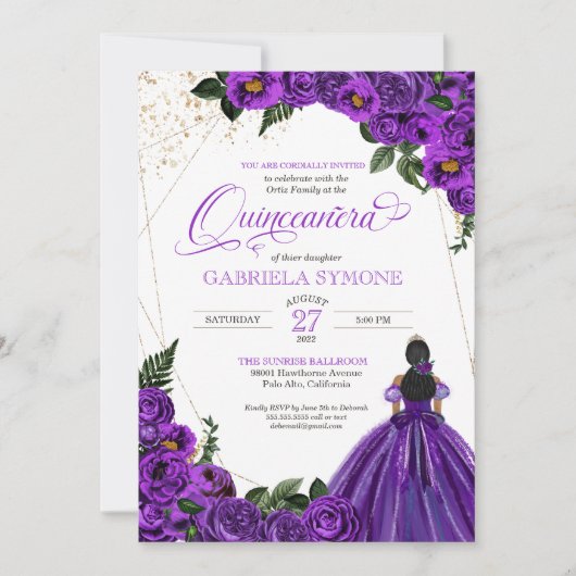 Lila Rose der Blumenwelt Elegantes Gown Quinceaner Einladung (Vorderseite)