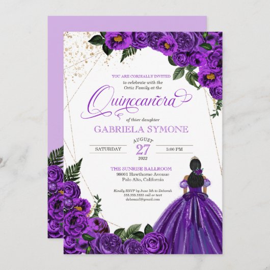Lila Rose der Blumenwelt Elegantes Gown Quinceaner Einladung (Vorne/Hinten)