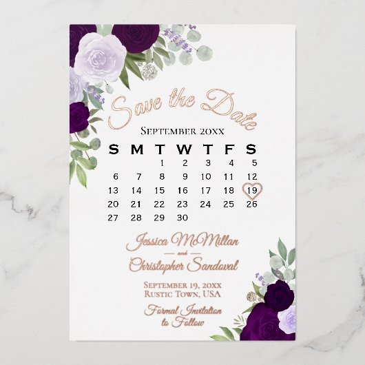 Lila Rose Elegante Save the Date Rose Gold Folieneinladung (Vorderseite)