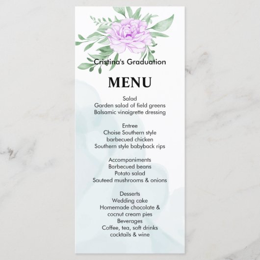 Lila Rose Eukalyptus Blätter Abschluss Abendessen Menükarte (Vorderseite)