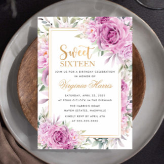 Lila Rose Floral 16 . Geburtstag 16 Geburtstag Einladung