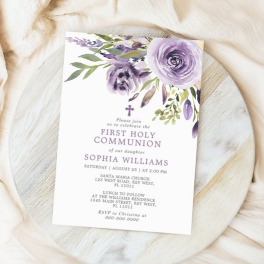Lila Rose Floral Erste Heilige Kommune Einladung