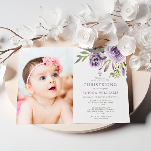 Lila Rose Floral Foto Girl Christening Einladung