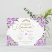 Lila Rose Floral Gold Tiara Quinceanera Einladung (Stehend Vorderseite)