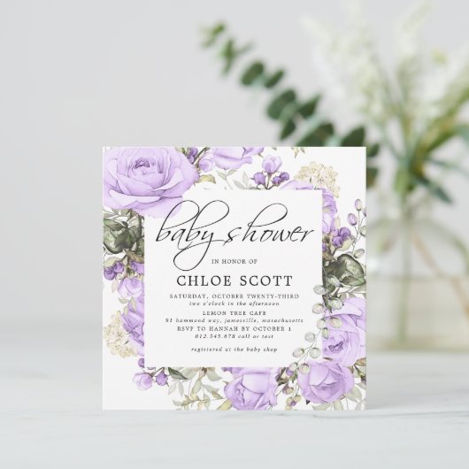 Lila Rose Floral Square Babydusche Einladung (Stehend Vorderseite)