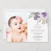 Lila Rose Florales Foto Girl Taufe Einladung (Vorderseite)