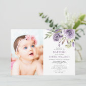 Lila Rose Florales Foto Girl Taufe Einladung (Stehend Vorderseite)