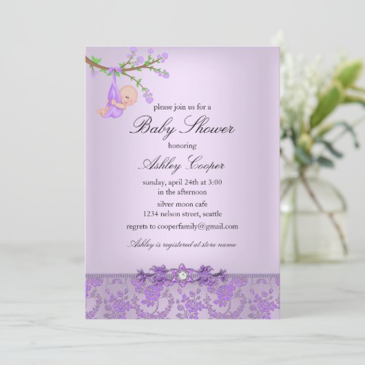 Lila Rose Garden Kinderdusche Einladung (Stehend Vorderseite)