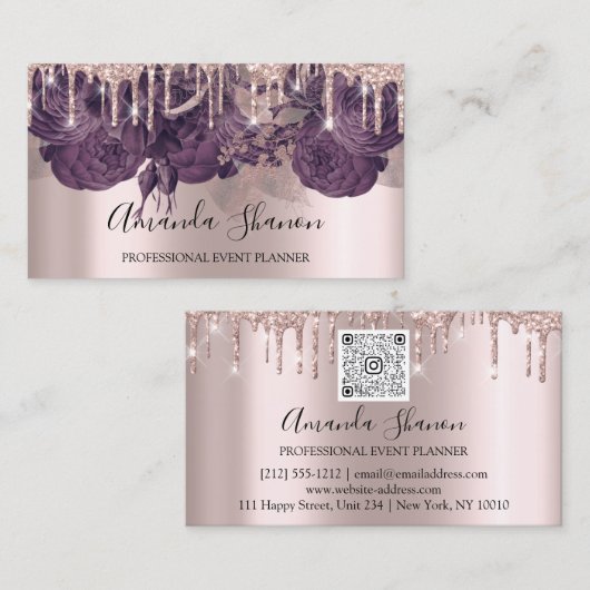 Lila Rose Glitzer Tropfen Logo-Event-Plane Visitenkarte (Vorne/Hinten)