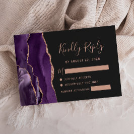 Lila Rose Gold Agate Dark Wedding RSVP Karte