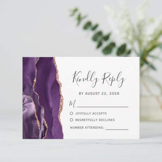 Lila Rose Gold Agate Wedding RSVP Karte (Stehend Vorderseite)