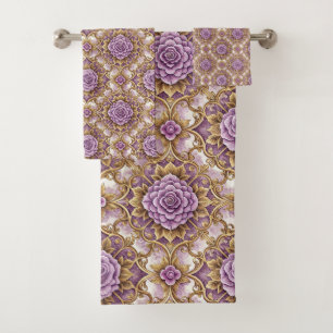 Lila Rose & Gold Barock Elegant Vintage Floral Badhandtuch Set